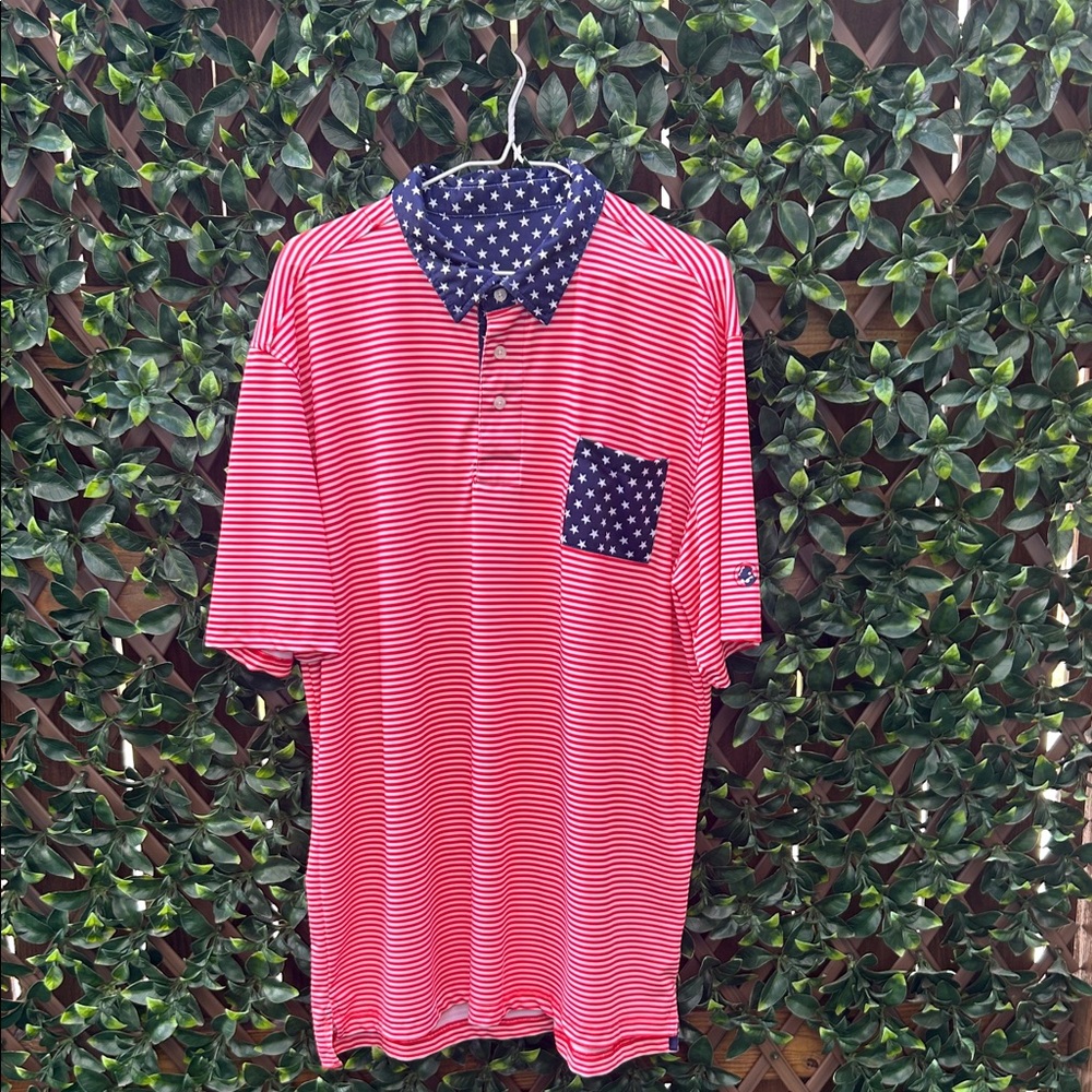 Southern Proper Red & Navy Striped Polo with Star-Print Collar